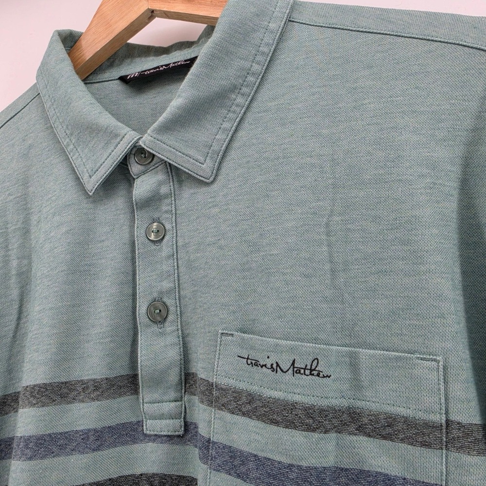 Travis Mathew Men XL Polo Shirt Green Striped Pima Cotton Blend Short Sleeve